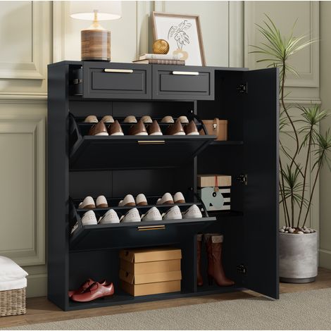 REDOM - Scarpiera - 95x24x107 cm - ripiani regolabili - 2 cassetti - vani aperti - pannelli truciolari e MDF - nero
