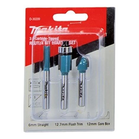 Makita – Fraises pour défonceuse et affleureuse – Lot de 3 fraises D30209 – 1 fraise à gorge 12x32x9,5mm, 1 fraise à affleurer 12,7x32x13mm, 1 fraise droite 6x32x19.05mm