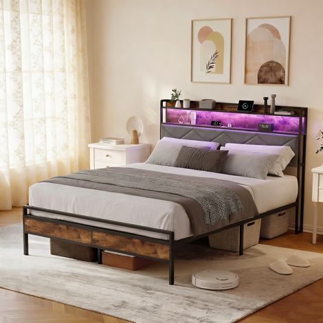 Lit 140x200cm,Lit Metal avec LED et 2 USB/Type-C,Tête de Lit avec Rangements,Cadre de Lit Adulte Adolescent avec Sommier,Lit 2 Place,Tissu Lin,Gris (1/5)