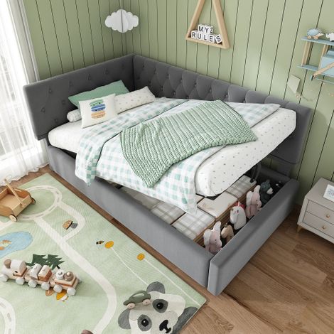 Lit rembourré, canapé convertible avec coffre hydraulique, lit enfant et adolescent, cadre à lattes en bois, velours, sans matelas, 90x200 cm - gris (1/5)