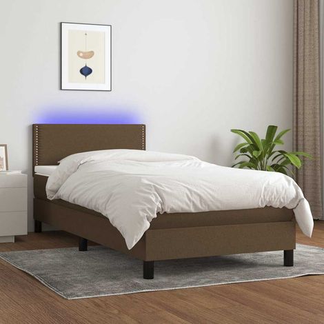 Cama box spring colchón luces LED tela marrón oscuro 100x200cm (1/5)