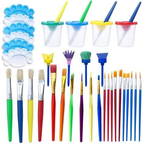 Ensemble de 34 pièces pour peinture anti-déversement : gobelets avec couvercles, palette, pinceaux et feutres de différentes tailles. Idéal comme cadeau pour enfants, récompense scolaire ou atelier ar (1/5)