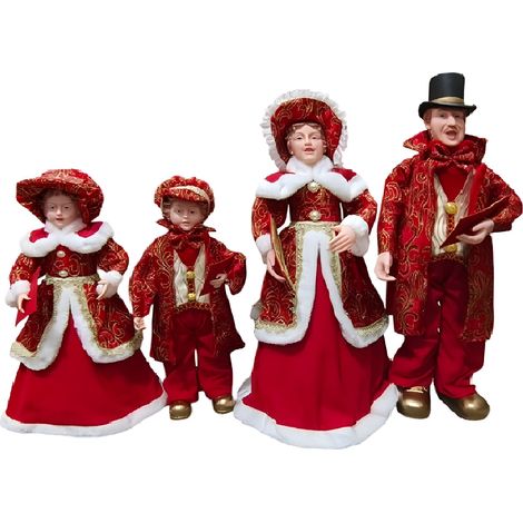 Set 4 Cantori Natalizi Vestiti in Rosso Lucido Damascato grandi 50/60cm Famiglia Decorazione Natalizia Cantori coro di natale eleganti e particolari