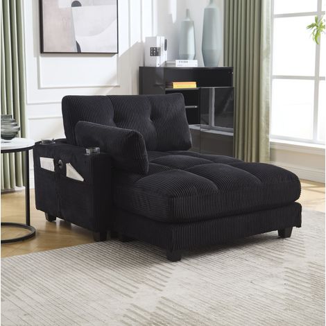 Poltrona relax in velluto a coste nero, 112 x 140 x 81 cm, portabicchieri e USB DESVIAE (1/5)