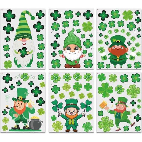 St. Patrick's Day Zwergen-Aufkleber-Set mit 6 irischen und schwedischen Zwergen-Ornamenten für Zuhause, Partys, Feste, Wand-, Fenster- und Türdekoration, grüner Elf, Zwerg, Sti