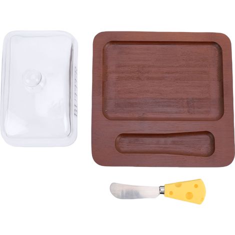 Beurrier en bois avec couvercle en verre transparent, outil de coupe, récipient facile à nettoyer pour gâteau au fromage et Dessert, marron foncé. (1/5)