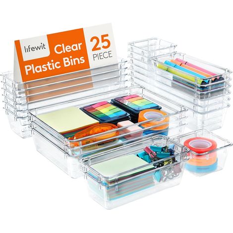 Set mit 25 transparenten Schubladen-Organizern, Schubladenaufbewahrung, Schubladen-Trennschale für Schreibwaren, Make-up, Schmuck, in der Küche, im Schlafzimmer, im Badezimmer und im Büro (1/5)