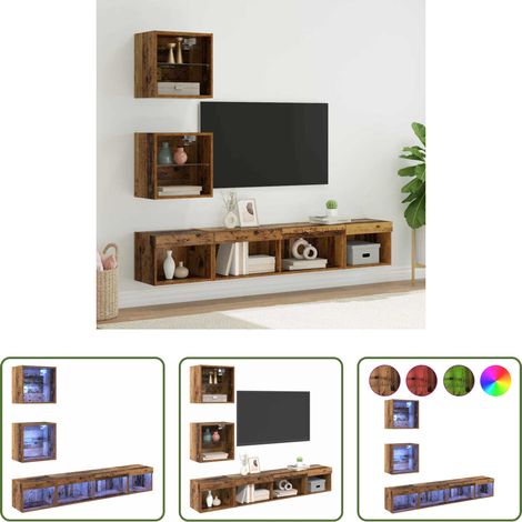 vidaXL Altholz Wandregal - TV Wand Einheiten mit LED mit LED 5 pcs Altholz Holzwerkstoff (1/5)