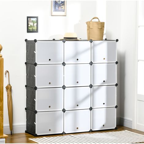 Meuble à chaussures modulable noir avec 12 cubes et portes, 125x32x125 cm (1/5)