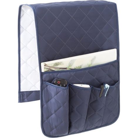 Longziming - Organisateur d'accoudoir de canapé - Compartiment de rangement à 5 compartiments avec fermeture antidérapante - Polyester résistant 90×43 cm - Bleu marine (1/5)
