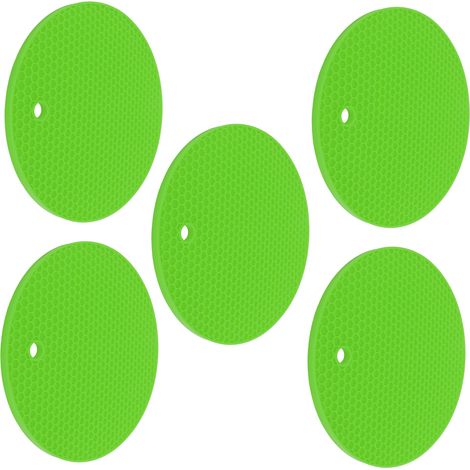 Lot de 5 dessous de plat ronds en silicone, multifonctionnels, résistants à la chaleur et antidérapants, pour plats chauds et fondues (vert). (1/5)