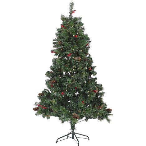 Árbol de Navidad artificial verde con luces LED incorporadas 180 cm ramas sintéticas conos fruta de acebo con soporte Jacinto