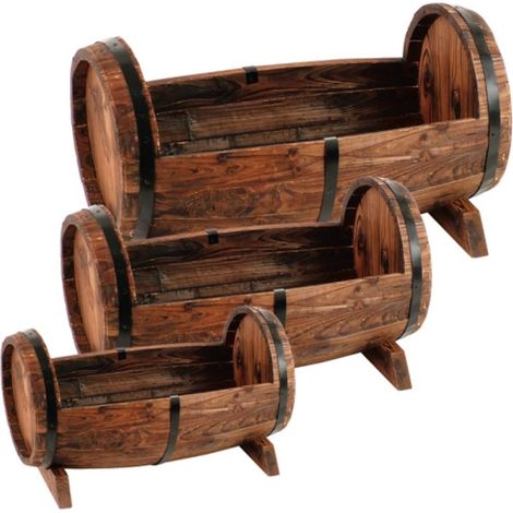 Holz-Pflanzfässer 3er-Set Blumentopf Pflanzkasten Pflanzschale Blumenkasten Deko (1/2)