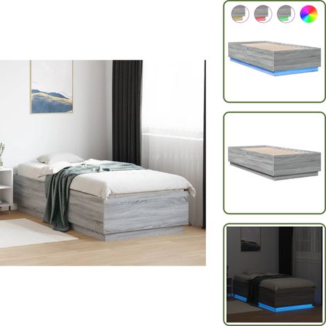 Bettgestell mit LED Grau Sonoma 100x200 cm Holzwerkstoff - Holzbettfassungen - Bettsystem - Lattenrost - Schlafzimmermöbel - Doppelbett (1/5)