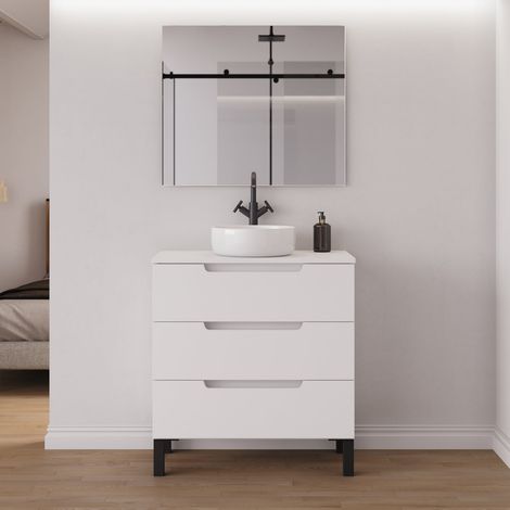 Meuble de salle de bain 80cm avec plateau et vasque à poser ronde - 3 tiroirs - blanc mat - RIZA (1/5)