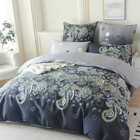 Parure de lit 135 x 200 cm - Gris - Motif floral gris - En microfibre - Housse de couette 135 x 200 cm - 2 pièces - Infroissable et douce - 1 housse de couette et 1 taie d'oreiller 80 x 80 cm (1/5)