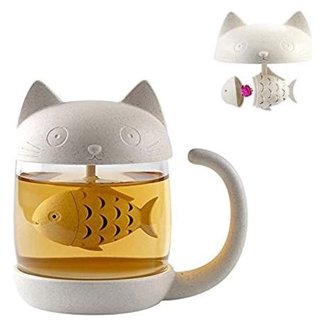 Stück Katzen-Teeglas, Wasserflasche mit fischförmigem Tee-Ei,