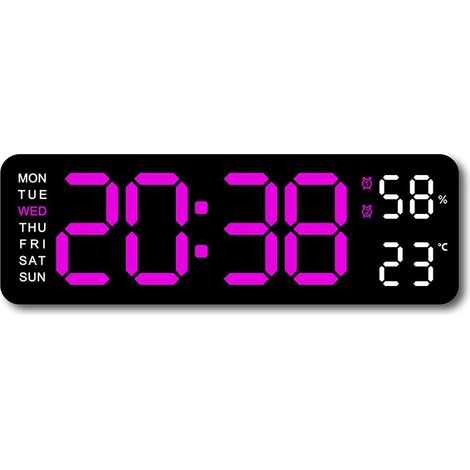 Réveil à gros caractères, affichage LED multifonctionnel, silencieux, rectangulaire, fixation murale ou de bureau, coque noire, lumière rose rouge (1/5)