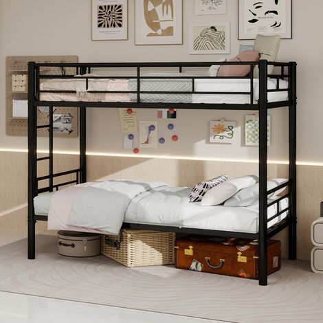 Lit superposé enfant en métal 90x190 cm avec Échelle et barrières convertible en 2 lits simples Noir (1/5)