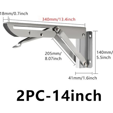 (14 pouces - 2 pièces - Aucun) 2 équerres pliantes en acier inoxydable pour étagère triangulaire, support robuste, réglable, fixation murale, argent, blanc, noir (1/5)