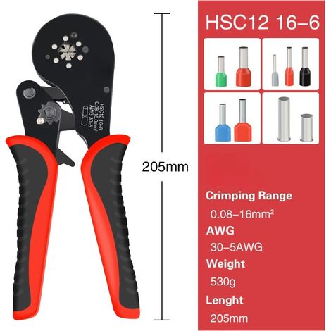 Sechskant-Aderendhülsen-Crimper, 16-6-Aderendhülsen-Crimper und Sechskant-Aderendhülsen-Crimper für 30-5 AWG/0,5-16 mm² Kabelhülsen.