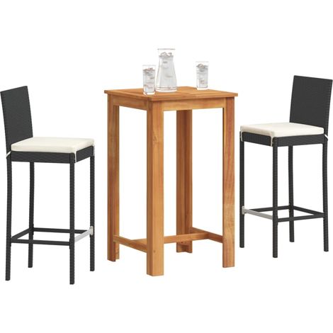 3-tlg. Gartenbar-Set Schwarz Massivholz Akazie und Poly Rattan