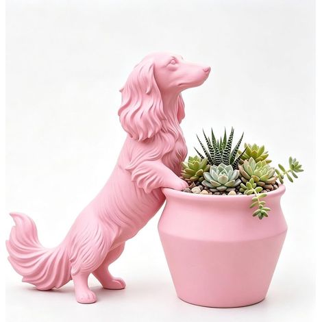 Pot de fleurs tendance en forme de teckel, rose au design original et unique, pour l'exportation.