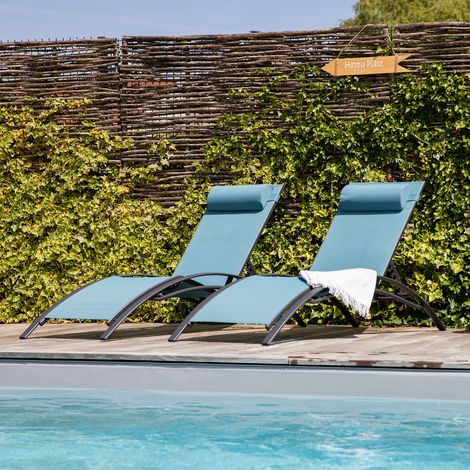 Happy Garden – Lot de 2 transats GALAPAGOS en textilène bleu gris – Structure aluminium gris anthracite – Dossier inclinable 5 niveaux – Confort optimal
