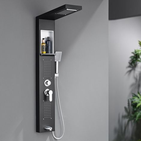 Auralum Max Panel de Ducha Hidromasaje Negro, Acero Inoxidable y Latón, 4 Funciones, Ducha Lluvia, Cascada, Chorros de Masaje, Teleducha, Estante Integrado (1/5)