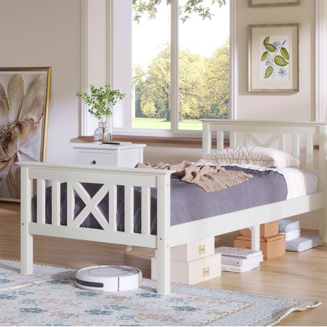 DESVIAE Lit simple avec tête de lit en X et sommier à lattes 90 x 200 cm bois massif blanc avec espace de rangement sous le lit (1/5)
