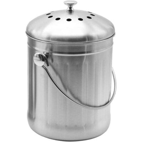 Seau Compost Inodore en Acier Inoxydable pour Cuisine - Poubelle Compost Cuisine - Comprend Filtres à Charbon de Rechange (INOX Brillant, 5 litres) (1/4)