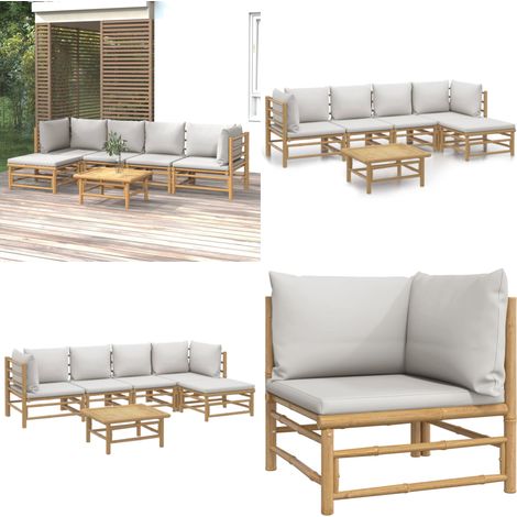 Salon de jardin 6 pcs avec coussins gris clair bambou - Salon De Jardin - Mobilier De Jardin - Ensemble Salon - Ensemble De Meubles De Jardin - Bamboos - Home & Living