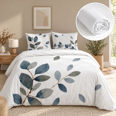 Parure de lit 240 x 220 cm 100% coton 42 fils JOYCE + drap housse 140 x 190 cm Blanc (1/5)