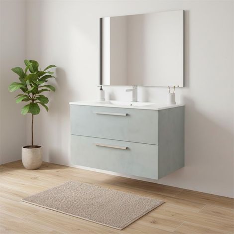 Mobile Mobiletto Bagno Sospeso Con 2 Cassettoni Soft Close Con Lavandino Lavabo In Ceramica Specchio E Led Da 30 Cm Design Moderno Nordico 57 x 80 x 45 Cm Colore Cemento Laccato  - Misura: Mobile Lava
