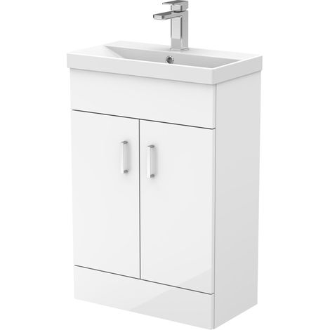 Woodseaves Gloss White Compact Floor Standing Bathroom Vanity Basin Unit with Ceramic Basin & 2 Soft-Close Doors - 550mm
