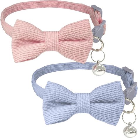 Lot de 2 Colliers pour Chat en Velours Côtelé avec Nœud et Clochette, Boucle de Sécurité à Dégagement Rapide, Rose et Bleu Clair (1/5)