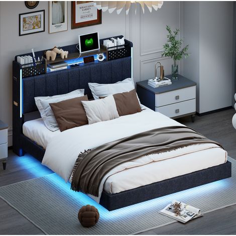 DESVIAE Lit rembourré 140 x 200 cm avec LED USB rangement dans la tête de lit poches pour téléphone design flottant tissu en lin gris (1/5)