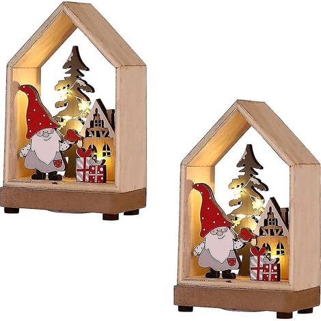Lot de 2 guirlandes lumineuses LED en bois représentant une maison de Noël, le Père Noël, un bonhomme de neige et un renne. Mini-maison suspendue en bois. (1/5)