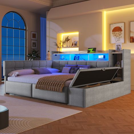 VVBV Lit banquette rembourré, 140 x 190 cm, en velours, éclairage LED, ports USB et USB-C, prises intégrées, fonction couchage