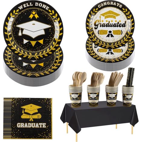 Service de table de remise de diplôme 242 pièces pour 30 invités – Assiettes, tasses, serviettes, paille, couverts, nappe de table pour fête de remise de diplôme (noir et doré) (1/5)