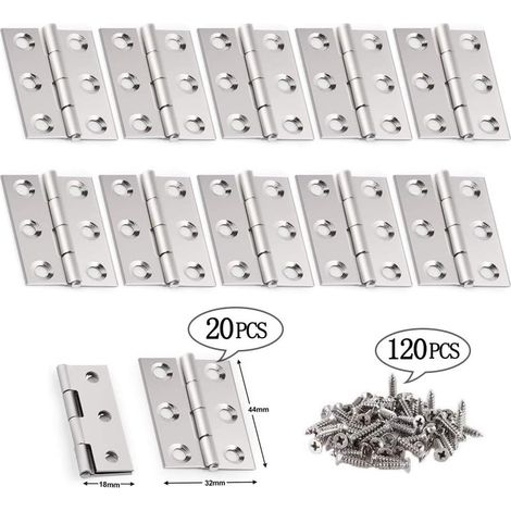 Charnières en acier inoxydable argenté (20 charnières pliantes) avec 120 vis de fixation pour portes et tiroirs d'armoires et de meubles (1/2)