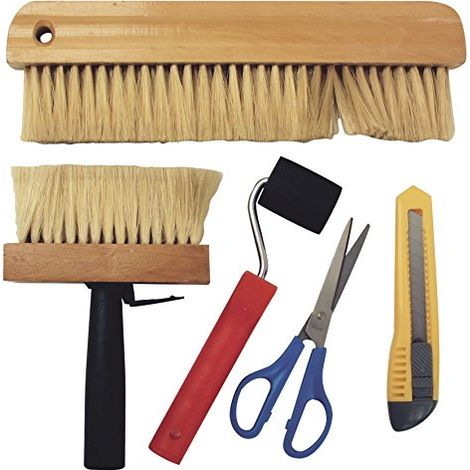 Kit à tapisser 5 pièces – Brosse à maroufler et à encoller – Ciseaux, cutter et roulette – Pour adhésif décoratif – Achat Utile