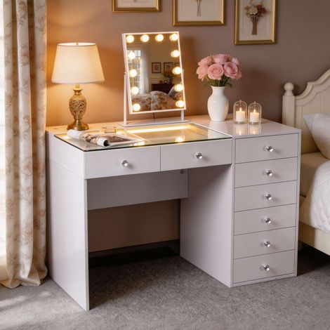 FENCHILIN Coiffeuse avec éclairage LED, luminosité réglable, 8 tiroirs, 120 x 81 x 55 cm,miroir de courtoisie inclus, blanc