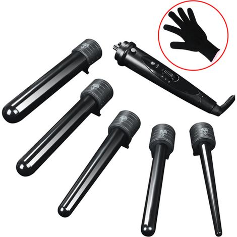 5-in-1-Keramik-Lockenstab mit 5 austauschbaren Aufsätzen (von 0,9 bis 3,2 cm) und hitzebeständigem Handschuh