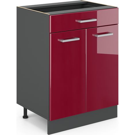Küchenunterschrank R-Line, Bordeaux Hochglanz, 60 cm mit Schublade, ohne Arbeitsplatte, Vicco