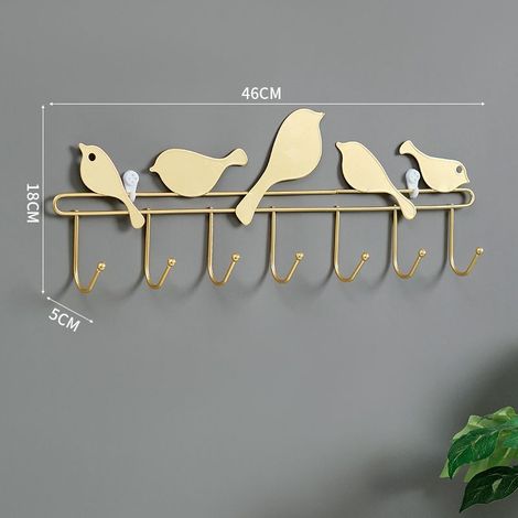 Wandgarderobe mit Klebebefestigung ohne Bohren, Kleiderhaken mit 7 goldenen Vogel-Haken, Ablage für Hüte und Mäntel-lsw