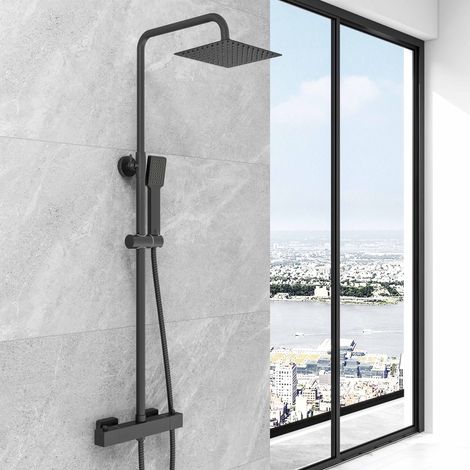 SKY Bathroom Square Wall-mount Rainfall Shower Head Set Thermostatic Black (1/5)