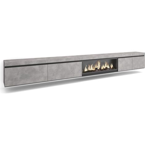 Meuble TV Banc Télé Grand Espace de Rangement 368x45x35 Cheminée électrique XXL Suspendu Mural Style Moderne Ciment (1/5)