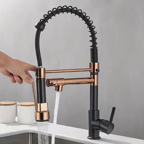 Rubinetto da cucina estraibile con 2 getti, miscelatore monocomando, girevole a 360°, disponibile per acqua calda e fredda, nero. (1/5)