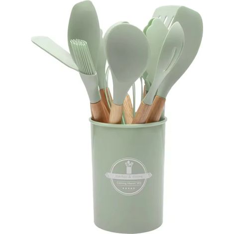 Ensemble de 12 ustensiles de cuisine (vert clair), batterie de cuisine résistante à la chaleur avec support, ensemble de spatules antiadhésives (1/4)